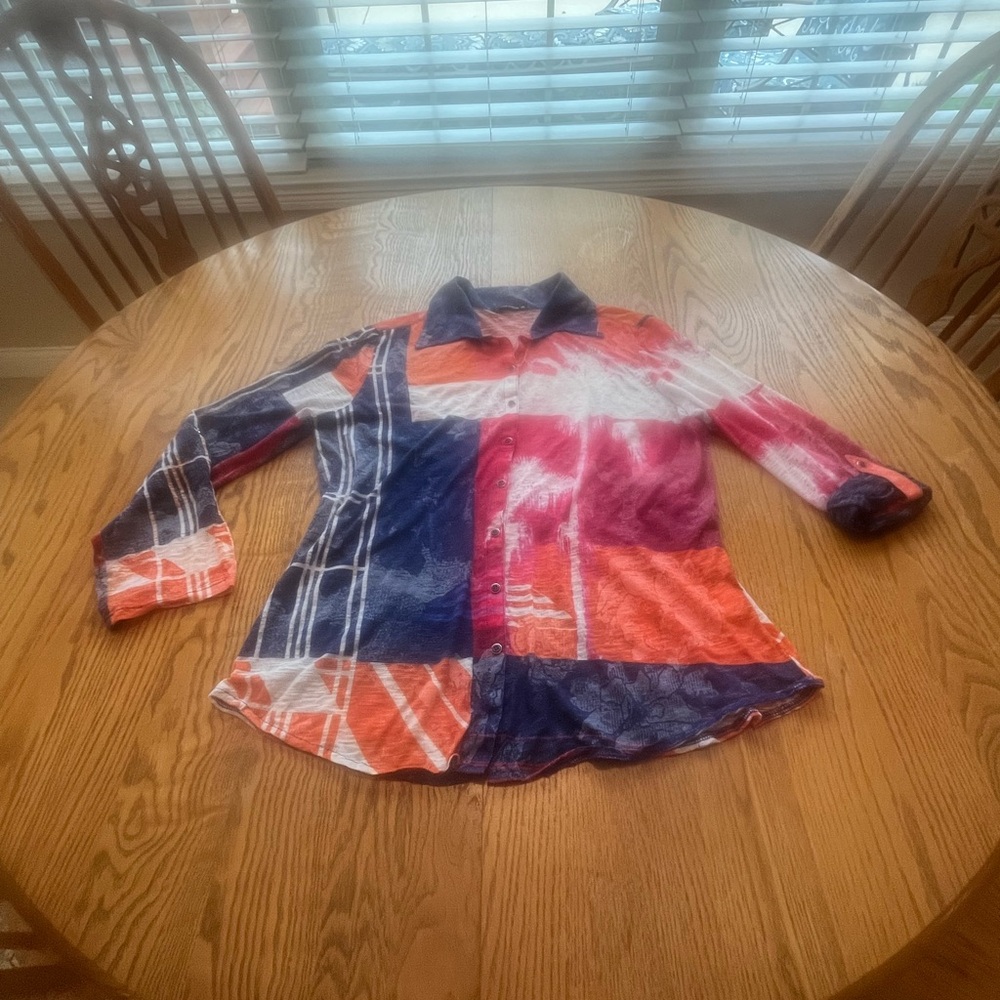 David Cline Crushed Long Sleeve Artsy Pink Orange Blue Hand Dyed Top Shirt M